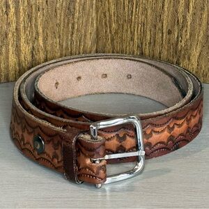Mens Western Tooled Brown Leather Cowboy Belt Size 45 Made In USA Scroll Pattern